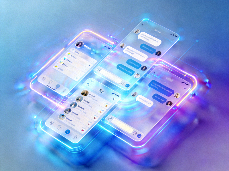 现代科技感的社交界面概念图，带有流光线条与全息投影元素